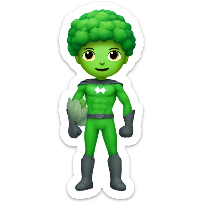 kawaii cute funny mini superhero with green clothes and a broccolis as hair,  full body saying hello sticker
