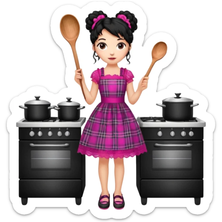 
A beautiful girl wears a fuchsia lace dress with a plaid pattern. Her long, curly black hair is styled in a messy bun. She wears accessories and holds a wooden kitchen spoon. She is standing and wearing black shoes. The illustration style is clipart. sticker