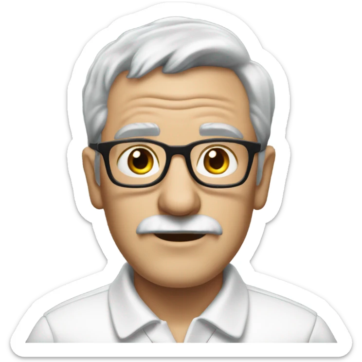 old english man, with glasses, grey hair, no moustache. wearing a white smart polo shirt with black buttons. sticker