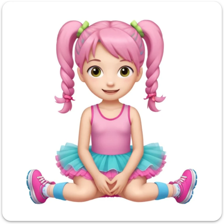 A cute young girl with pigtails sits on the floor, wearing a pink tutu dress and colorful sneakers. She has large, expressive eyes and a cheerful smile, resting her chin on her hands. The background is a soft, neutral color that enhances her playful demeanor. sticker