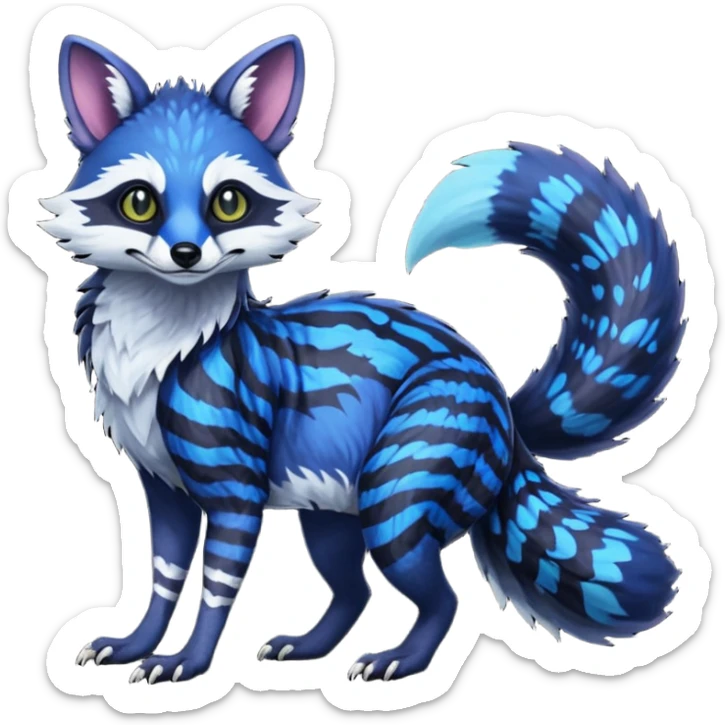 Feral Rare Fantasy scaly evil spooky vibrant dark shady shaded detailed deep-dark-cobalt-blue-gradients-colored colorful Vernid-Tanuki-Sergal-Genet-Trico-Fox-species by LiLaiRa, with dark-blackish points, white belly, random markings, tufted tail, tufted ears, full body sticker