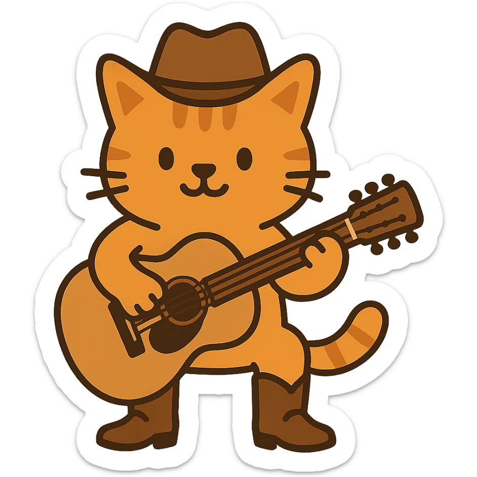 flat toon orange cowboy cat with cowboy boots strumming an acoustic guitar sticker
