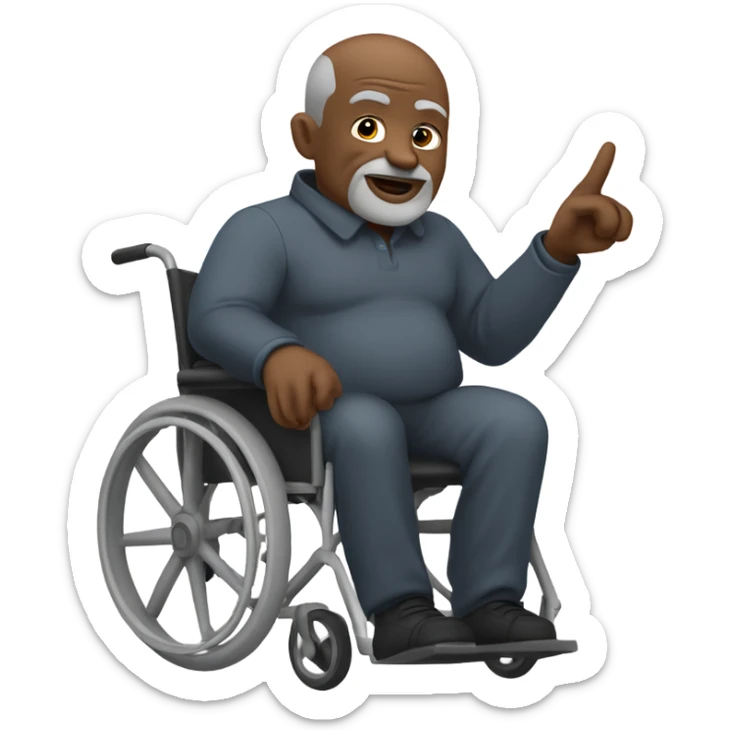 old black bald man with a round belly in wheelchair. stern face. grey stubble. he is pointing finger in front.  sticker