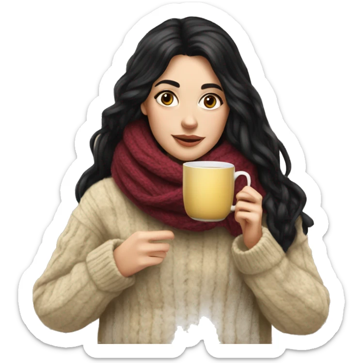 White girl black hair in a sweater and scarf sipping tea  sticker