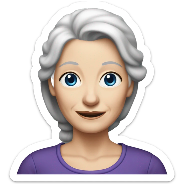 pretty older woman who is 75 years old with white skin, long grey and blonde hair in a ponytail, with dark blue eyes wearing purple top sticker