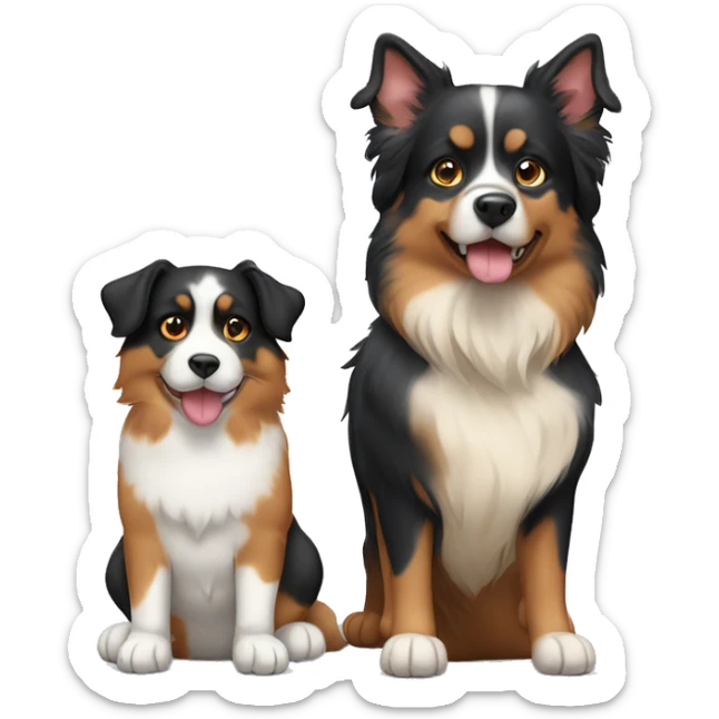 Two animals, a Fat calico cat with a black and tan Australian Shepard dog sticker