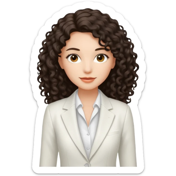 Chica joven con una sonrisa suave con cabello largo rizado y oscuro, piel clara, vestida con un traje blanco elegante y tacones bajos blancos sticker