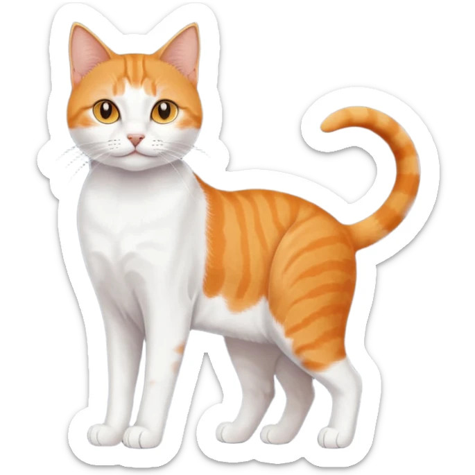 full body orange domestic shorthair slim cat with yellow/orange eyes paw being white and the other being half sticker