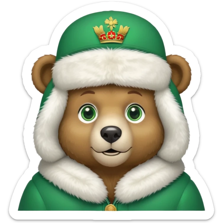 Sweet, cartoonish bear face with large green eyes, wearing white fur ushanka hat with accurate Russian Federation coat of arms centered, iOS emoji style sticker