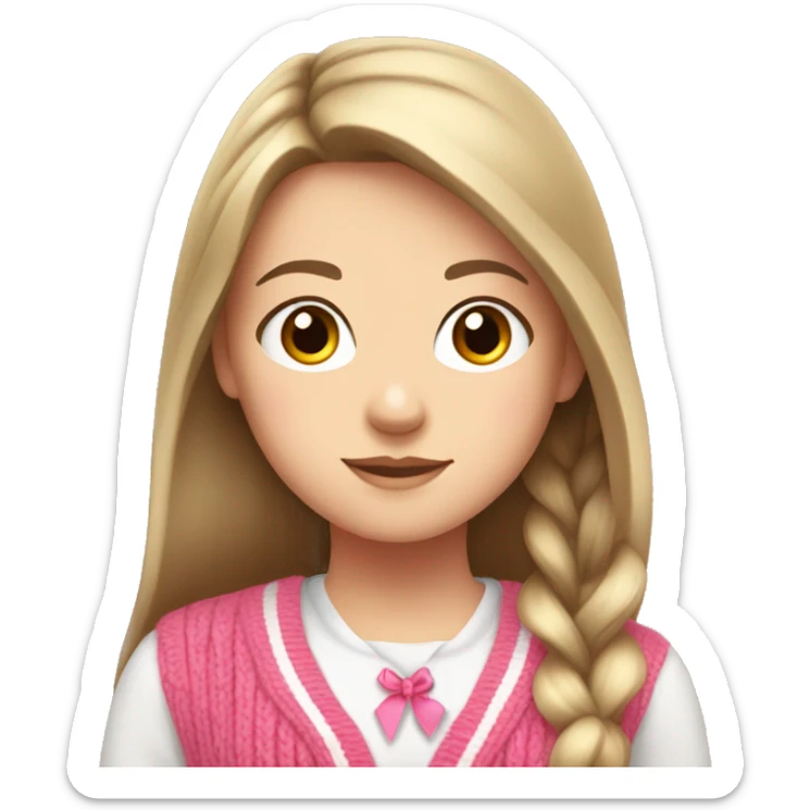 white girl, cardigan white, long straight brown hair, pink ribbon in cardigan  sticker