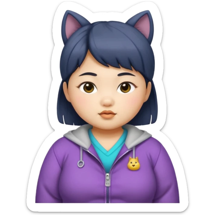 chubby Asian girl, medium wolf cut hairstyle, baby face, age 15, wearing funky clothes sticker