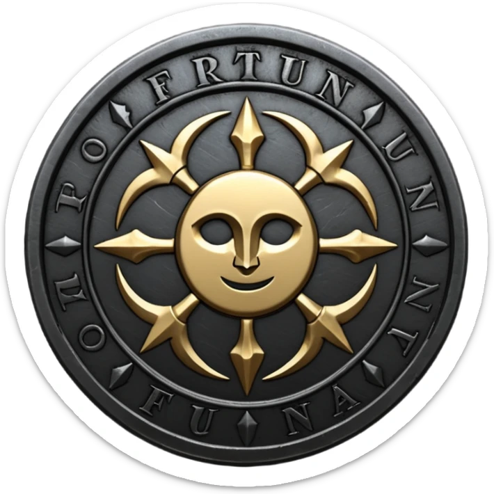 Minimal emoji, gothic metal coin made of black steel, engraved word FORTUNA at the center, ancient industrial aesthetic, worn metal texture, no glow, no neon, flat emoji design, centered, transparent background sticker
