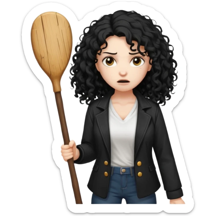 Hey, please generate me an emoji that depicts a woman white skin long black curly disheveled hair slightly thicker, she is wearing a white T-shirt and a black unbuttoned jacket she is furious she is holding a large wodden STICK  sticker