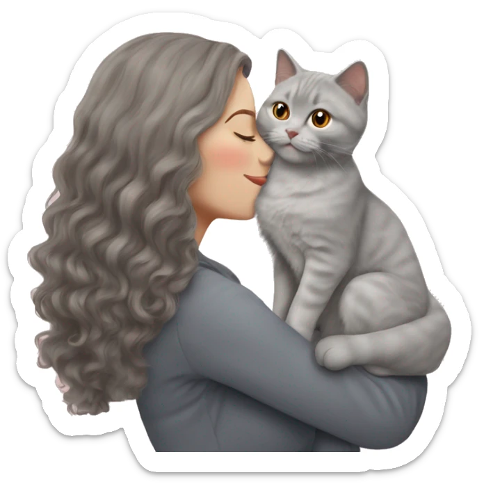 British shorthair grey cat kissing red wavy long hair white woman sticker