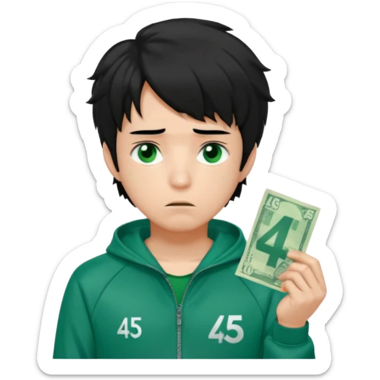 male character in a green Squid Game tracksuit with the number 456 on his chest, tired and emotional face, messy black hair, sad eyes, holding some cash or a banknote, subtle heartbroken expression, cartoon emoji style sticker