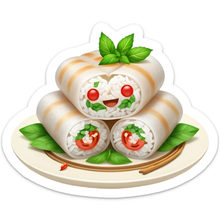 Bánh Cuốn Cinematic Realistic Bánh Cuốn Dish Emoji, depicted as delicate steamed rice rolls garnished with chopped mint on top, rendered with lifelike textures and fresh, vibrant lighting. sticker