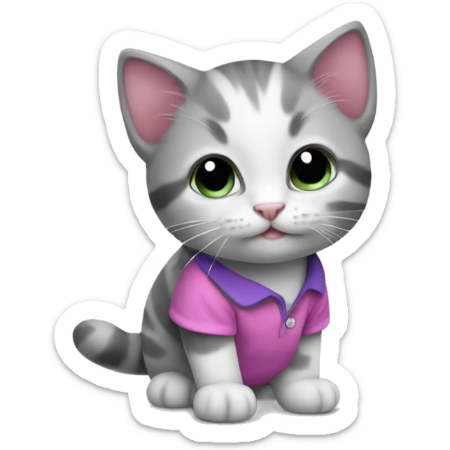 A gray and white kitten wearing a pink and purple shirt is holding a fis sticker
