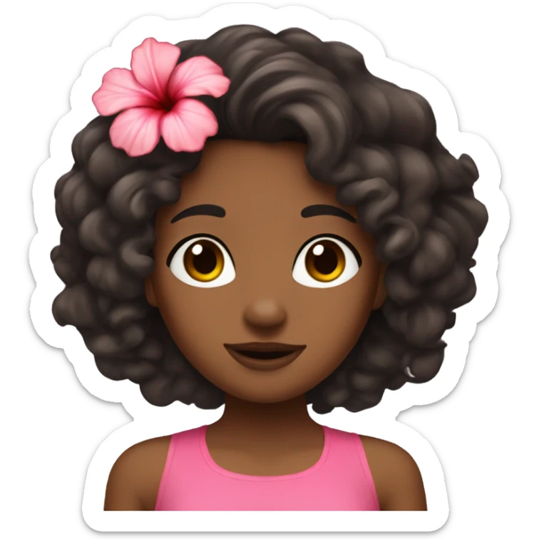 Brown skinned girl with long dark curly hair, a hibiscus flower, and a pink halter top shirt. sticker