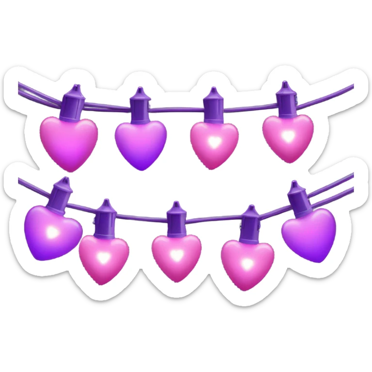 Realistic string lights with pink and purple bulbs in the shape of a heart and a power plug in on the end of the lights. sticker