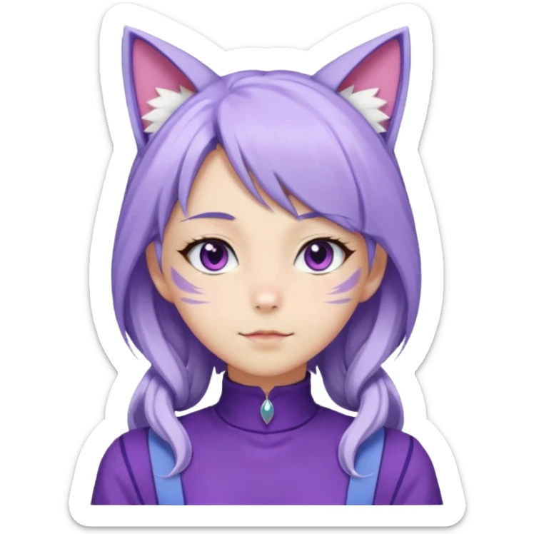 female anime character with long white and periwinkle hair and cat ears on her head. She is wearing a purple outfit with a high neckline and long sleeves.  sticker