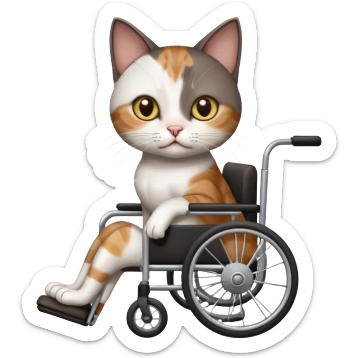 full body small short hair dark brown and white cat with hazel eyes walking in a wheelchair for cats sticker