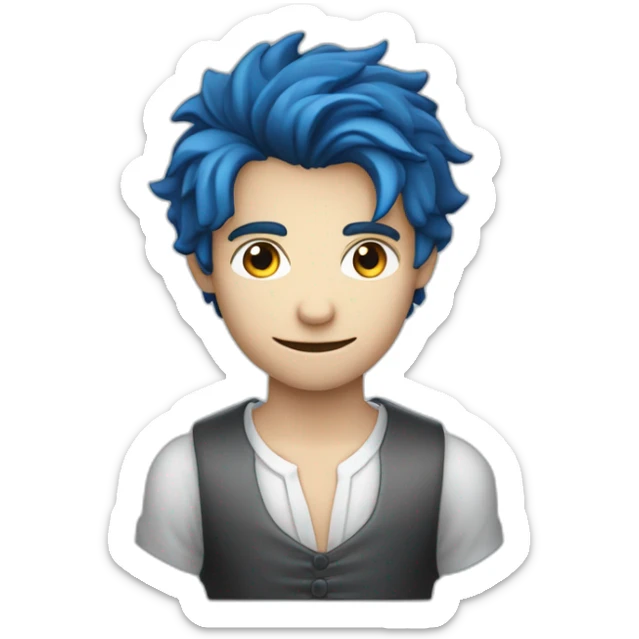 Un garçon qui sourit avec des dent de vampire les cheveux degradé bleu et pas de corps sticker