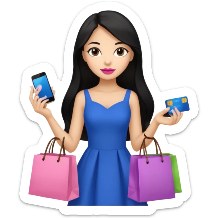 Girl with long black hair, pink lipstick, brown eyes on the phone holding shopping bags and blue credit card sticker