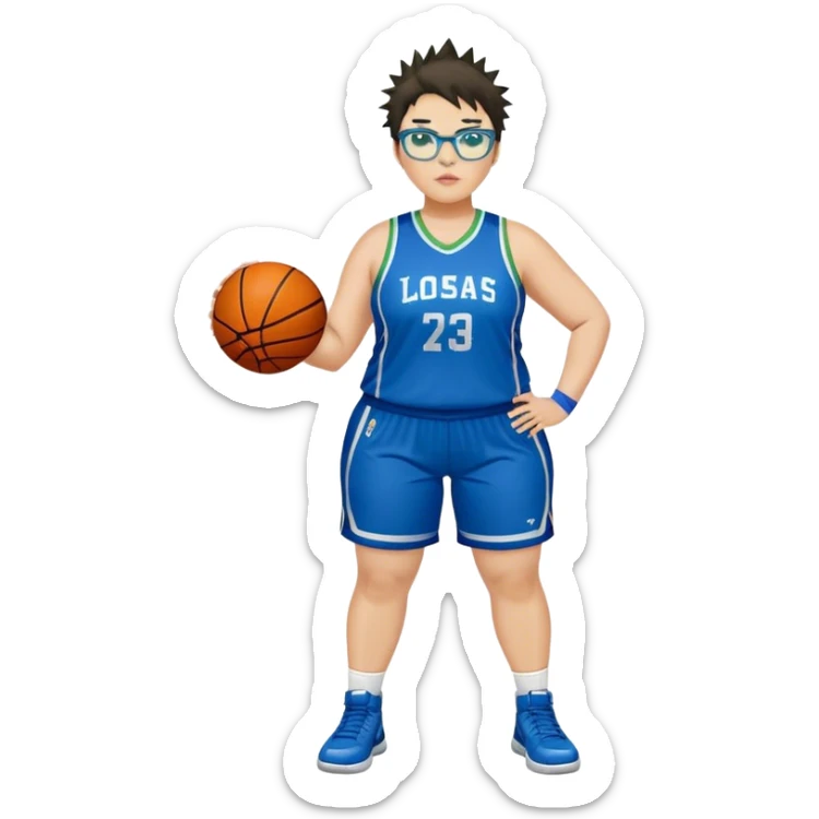 full body white plus size women basketball player with short spiky dark hair with added blond highlights wearing blue glasses wearing green and blue uniform sticker