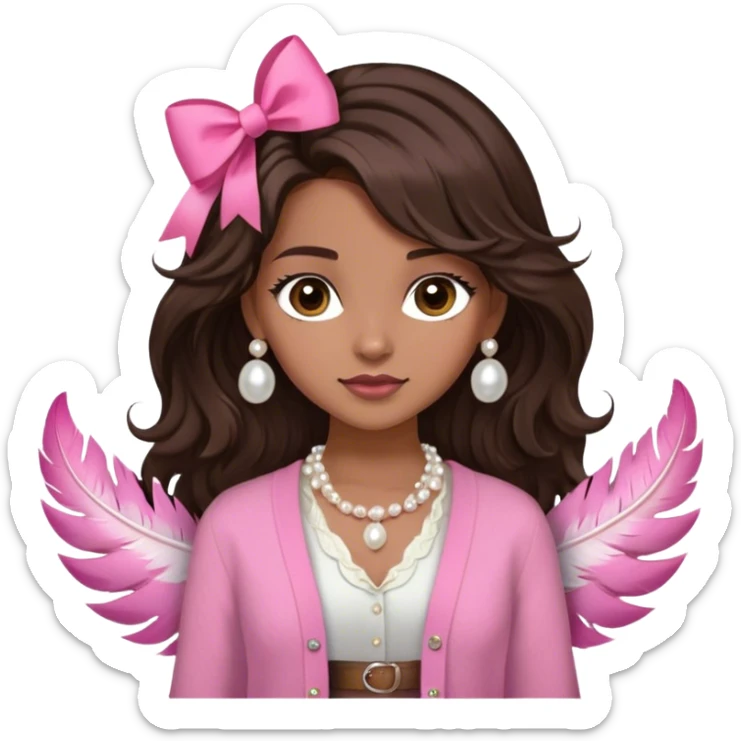 light brown skinned girl, long really dark brown wavy but looks straight hair, dark brown eyes, feather hair cut, light natural makeup, long lashes, wearing a pearl necklace and pink cardigan over a white shirt with a small pink bow, with a white skirt and a pink belt sticker