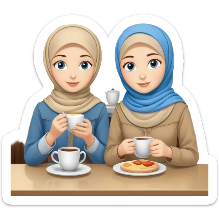 Turkish beautiful finish Konya two girls blue eyes with beige denim hijab islamic dress and make breakfast in coffeehouse sticker