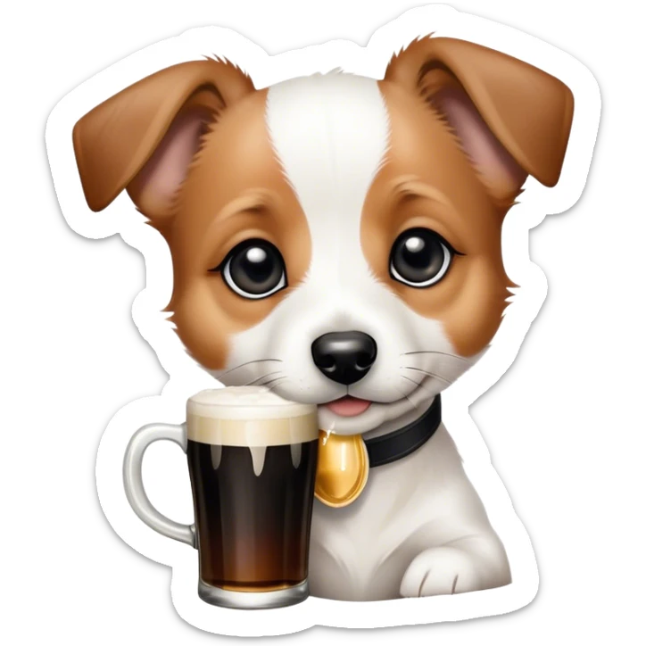Black and white Jack russle puppy. White face. Black pointy floppy ears. Black circles around eyes. Drinking a Guinness beer. The dog does not have brown hair sticker