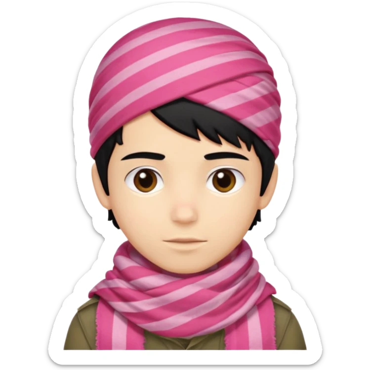 Emoji de un chico con turbante árabe que el chico sea de color piel clara y que tenga cabello negro y de fondo blanco y que tenga un pañuelo árabe de color rojo y con rayas rosas sticker