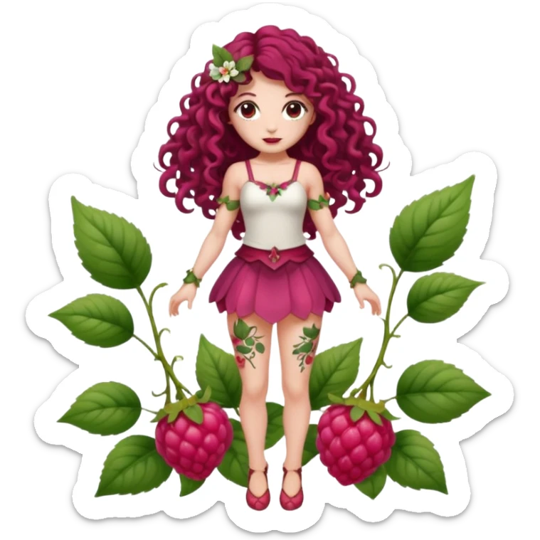 full body woman long curly brown hair brown eyes white skin tattoos muscular build raspberry fairy outfit, petal skirt, thigh vines sticker