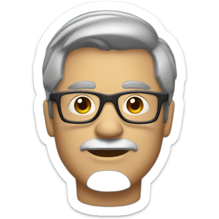 unshaved man with strong jaw, short grey hair brushed back wearing small glasses and headset sticker