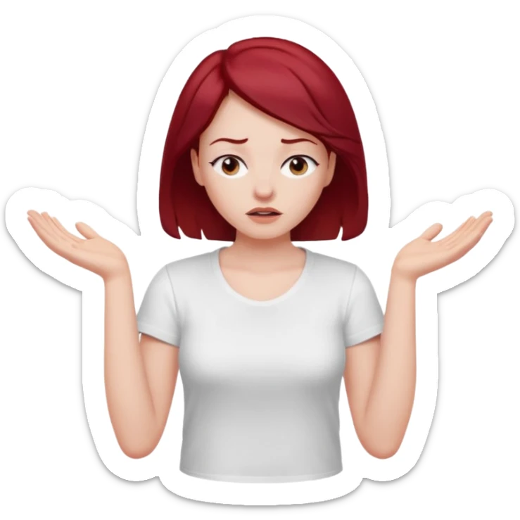 younger woman shrugging, eyes closed, white t-shirt, dark red hair sticker