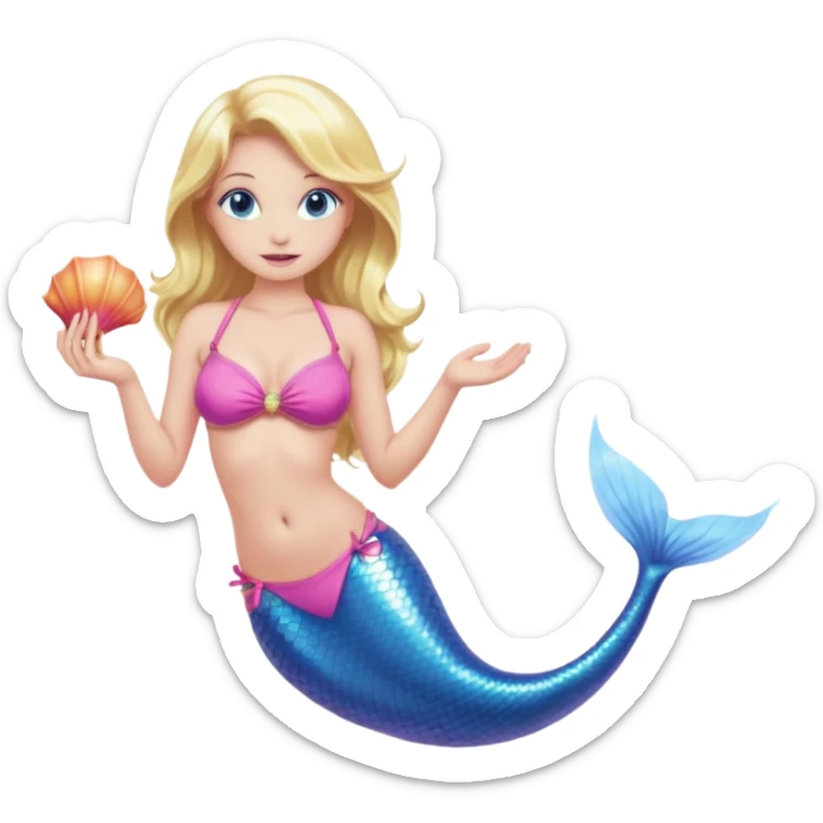 mermaid woman with blonde hair and blue eyes, a pink bikini top and an ALL pink tail holding a shell sticker