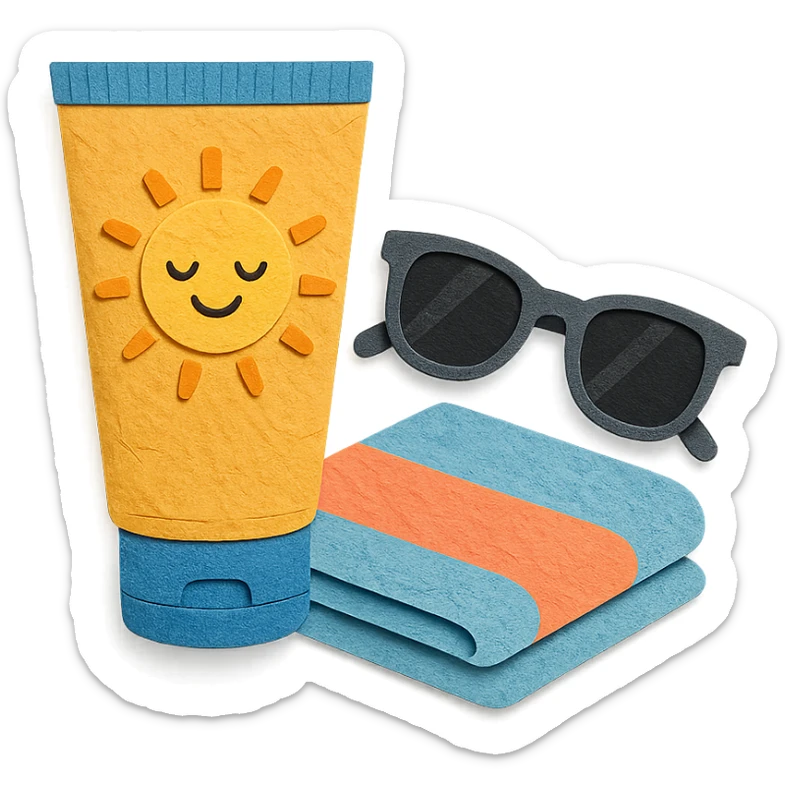 tube of sunscreen with a smiling sun, next to sunglasses and a towel, paper-craft style sticker
