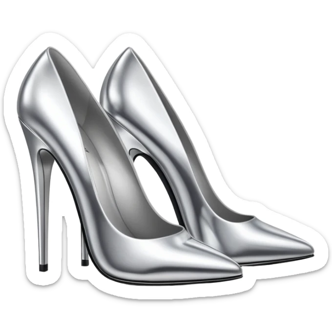 A pair of high heel shoes emoji made of polished silver chrome, elegant sharp silhouette, smooth metallic surface, glossy reflections, luxury sexy vibe, minimalistic iOS emoji style, centered, clean white background sticker