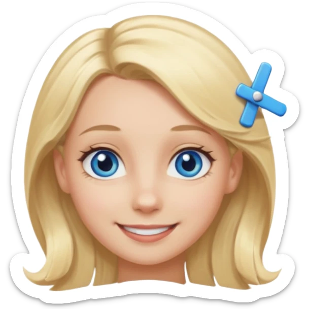 blonde girl, blue eyes with clips in hair and big forehead sticker