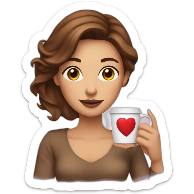 a woman with brown medium length hair parted on side holding a coffee cup with a heart  sticker