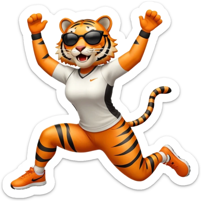 female energetic anthropomorphised tiger in sports clothes, wearing dark sunglasses, jumping with excitement, arms raised sticker
