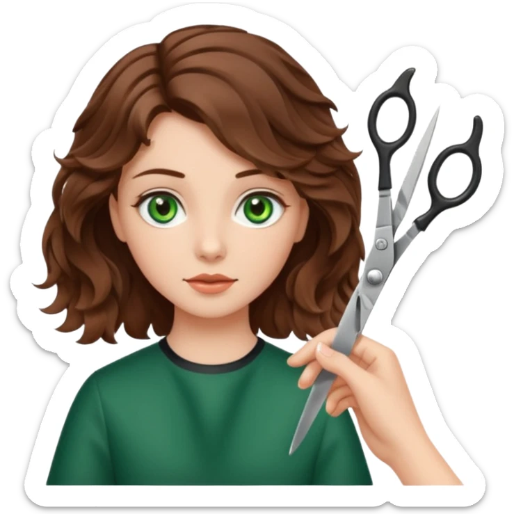 Girl with green eyes and brown wavy hair getting haircut with scissors sticker