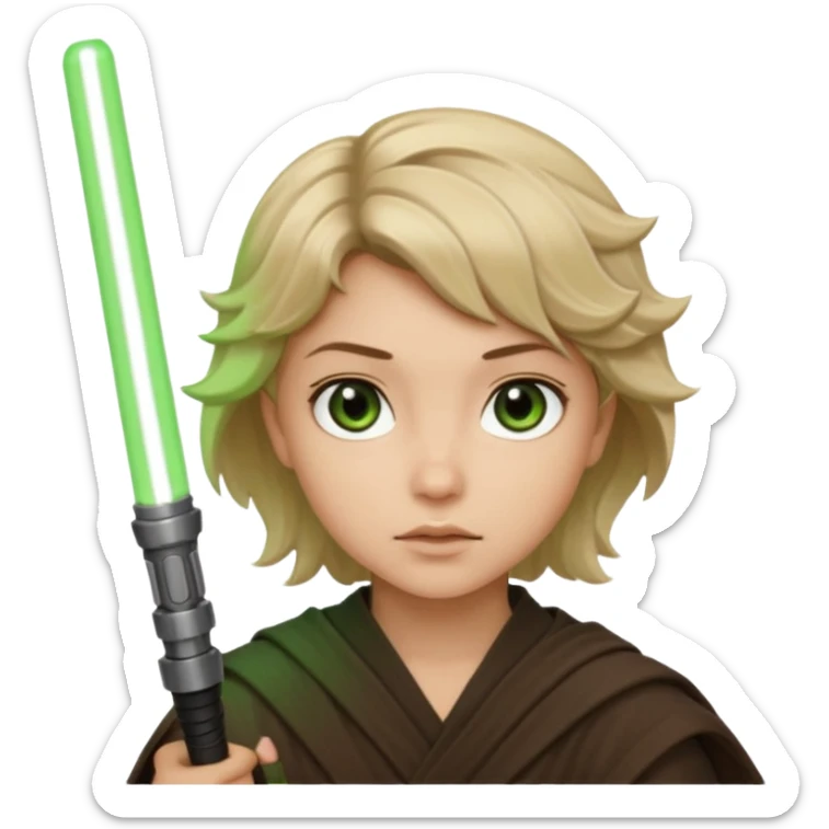 Young jedi with dark brown eyes and sandy blonde wavy short hair holding a green light saber.  sticker