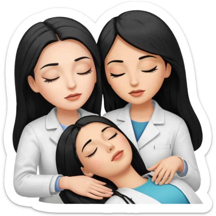 mulher branca cabelo longo e preto aplicando cilios em outra mulher que esta deitada em uma maca de olhos fechados sticker