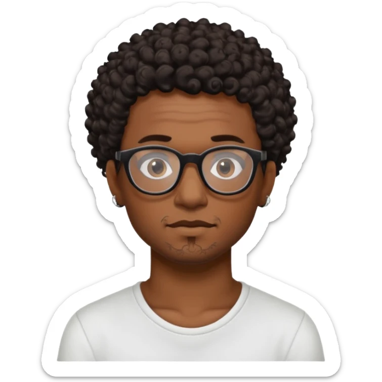 Black man emoji with short curly dark brown hair, black glasses, small tattoo on neck, artistic and adventurous expression sticker