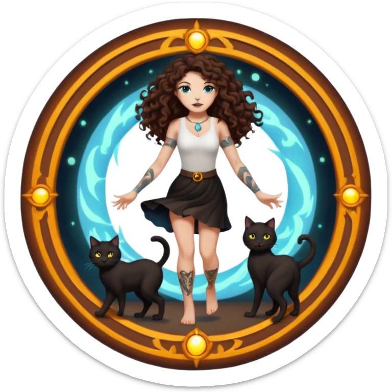 woman with long curly brown hair, brown eyes, white skin, tattoos, black cat stepping out of a glowing portal circle sticker