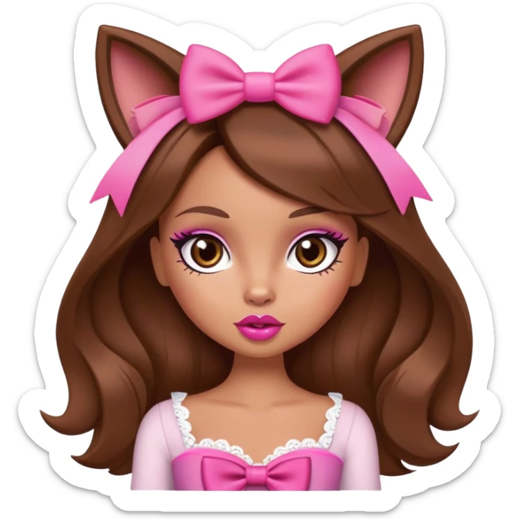 Bratz doll character with brown hair, pink bow, big lips, and foxy eyes sticker