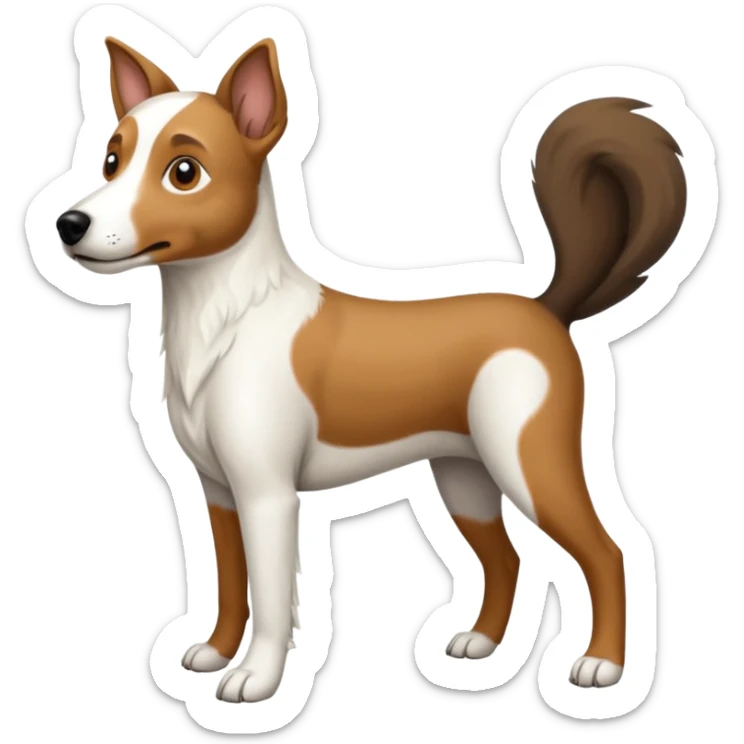 a full body large white floppy eared parson russell looking dog the size of a kelpie with light brown ears and a light brown patch on one eye and a large snout sticker