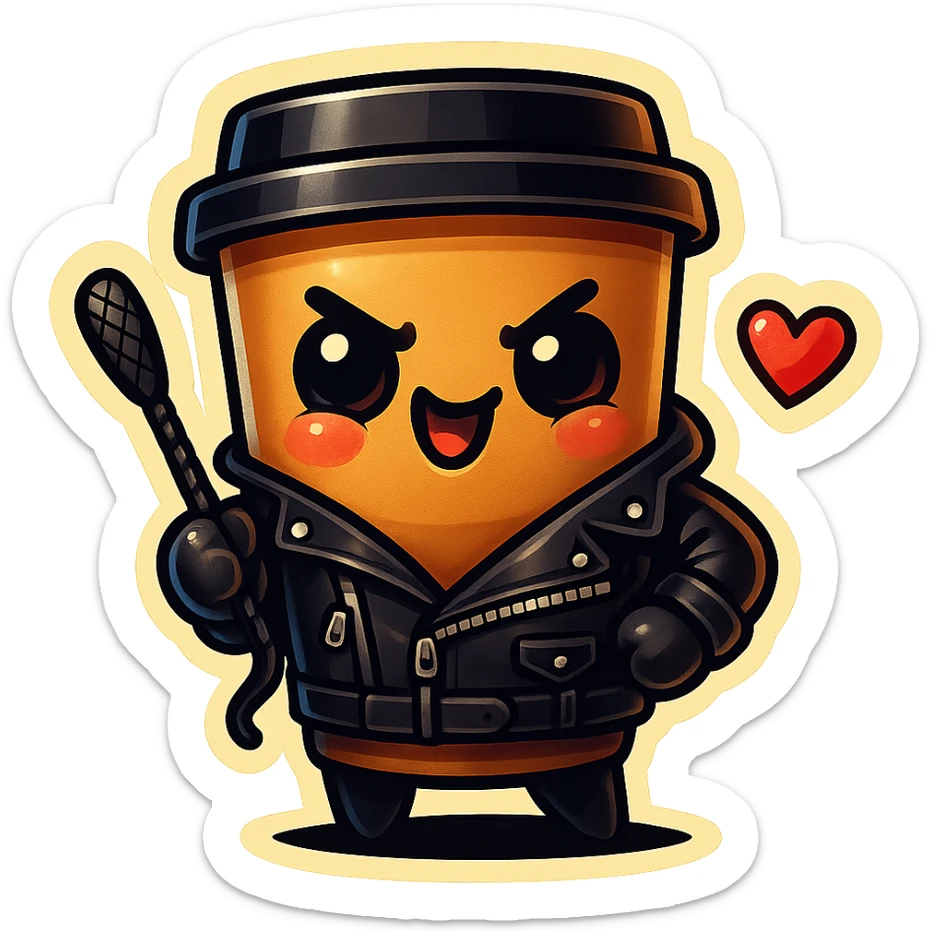 Tall coffee cup, dressed in leather holding a whipping paddle, mischevious, heart sticker