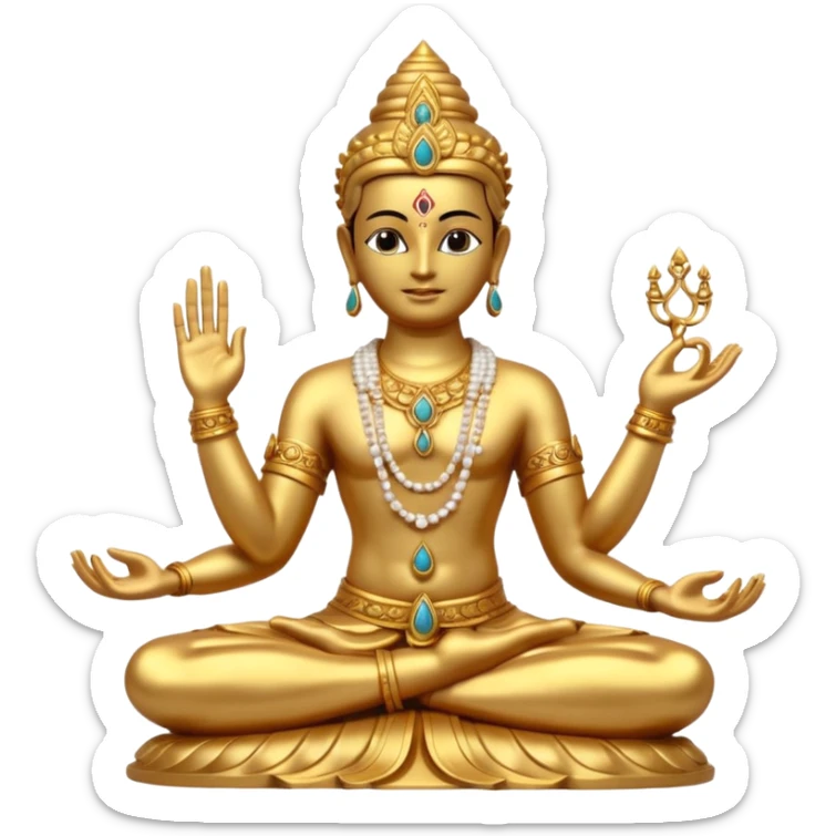 a golden statue of a Hindu deity seated in a yogic posture with one hand in a blessing gesture, adorned with ornate jewelry�. The figure sits on a decorated pedestal, radiating a sacred and traditional aura�. sticker